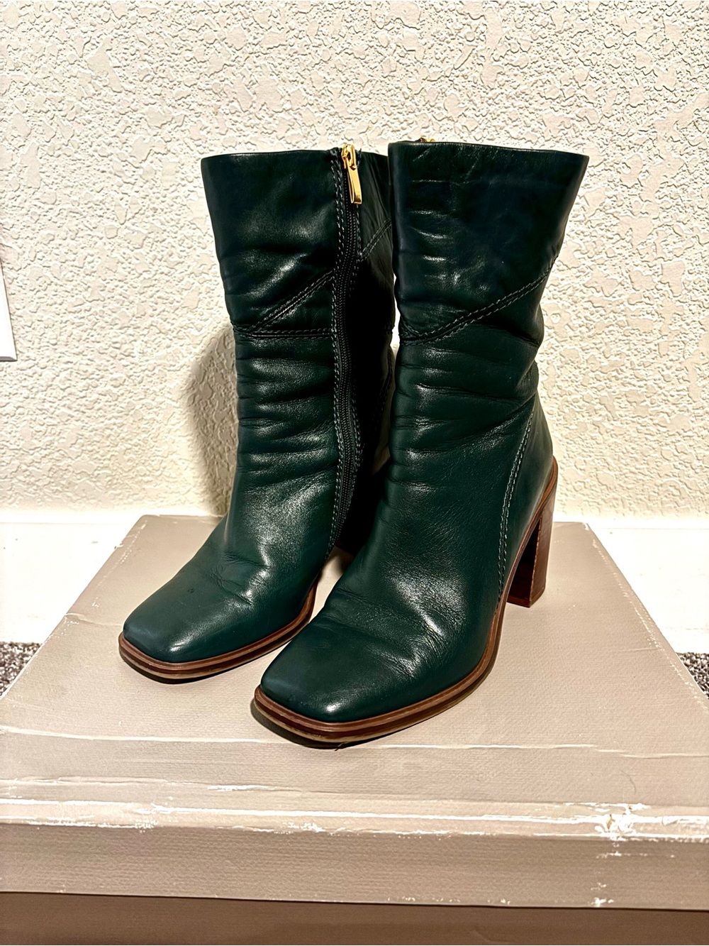 Franco Sarto Dark Green Leather Mid-Calf Block Heel Boots